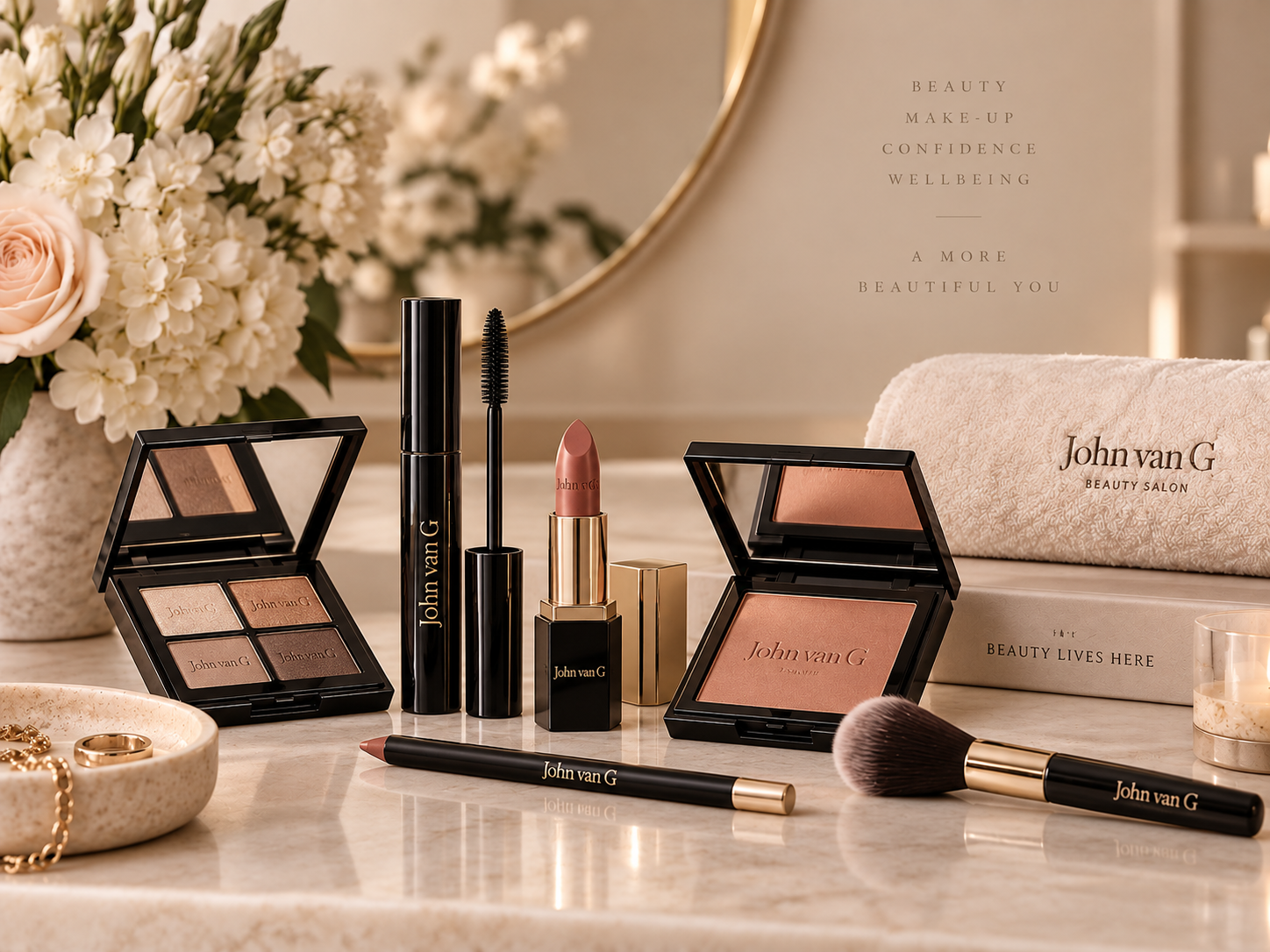 Luxe John van G make-up producten in een elegante salonsfeer